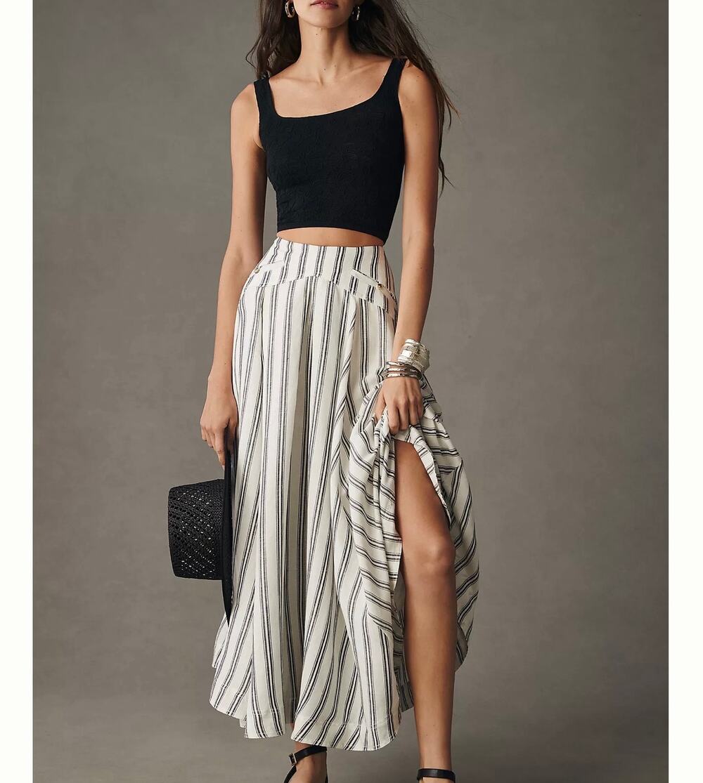 Pilcro by Anthropologie Long Maxi Skirt linen Blend Striped Size Small